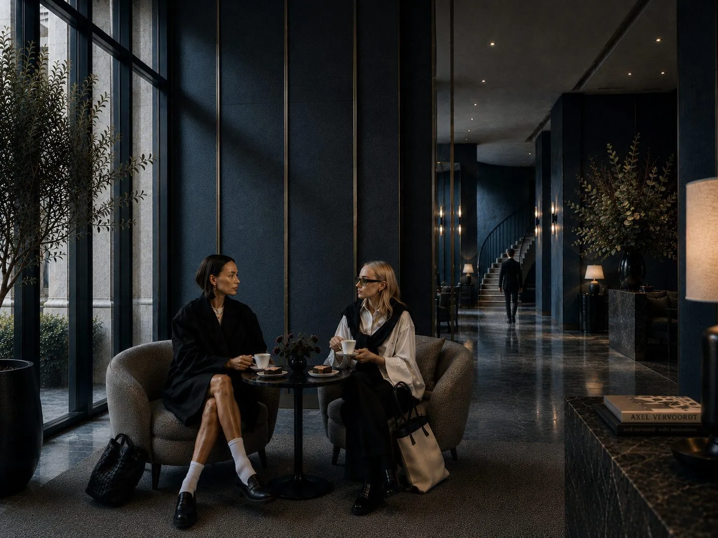Two guests in conversation in a dark hotel lounge, one figure crossing to the stair behind them