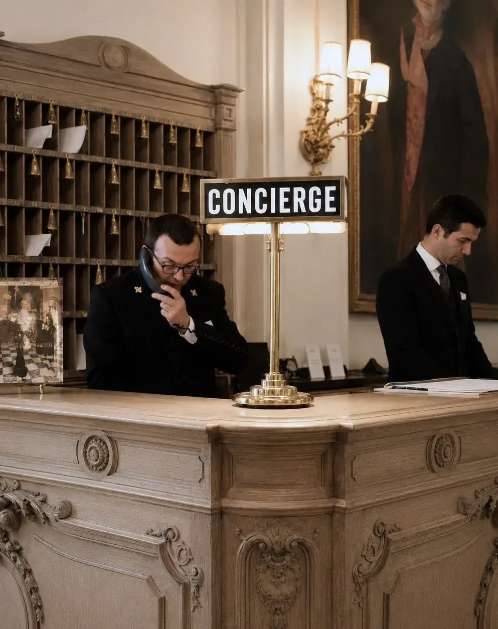 A concierge desk in dark oak, lit by a single lamp
