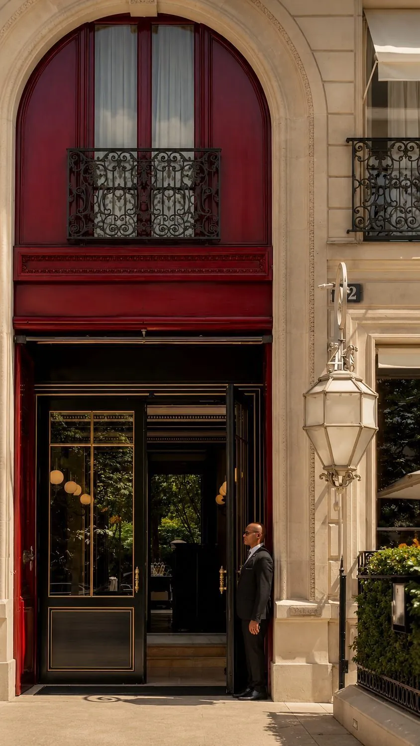 A Paris hotel entrance, red lacquer arch and lantern, a doorman waiting at the open door