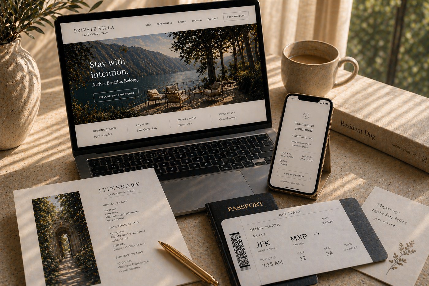 Property website on laptop with itinerary card, passport, and boarding pass — the full guest journey on one desk