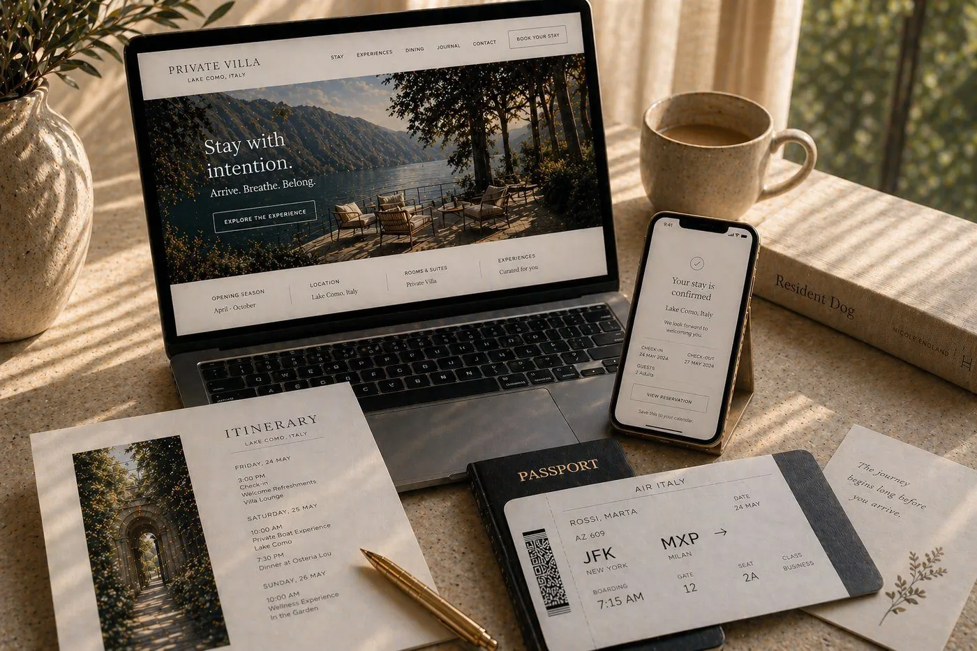 Property website on laptop with itinerary card, passport, and boarding pass — the full guest journey on one desk
