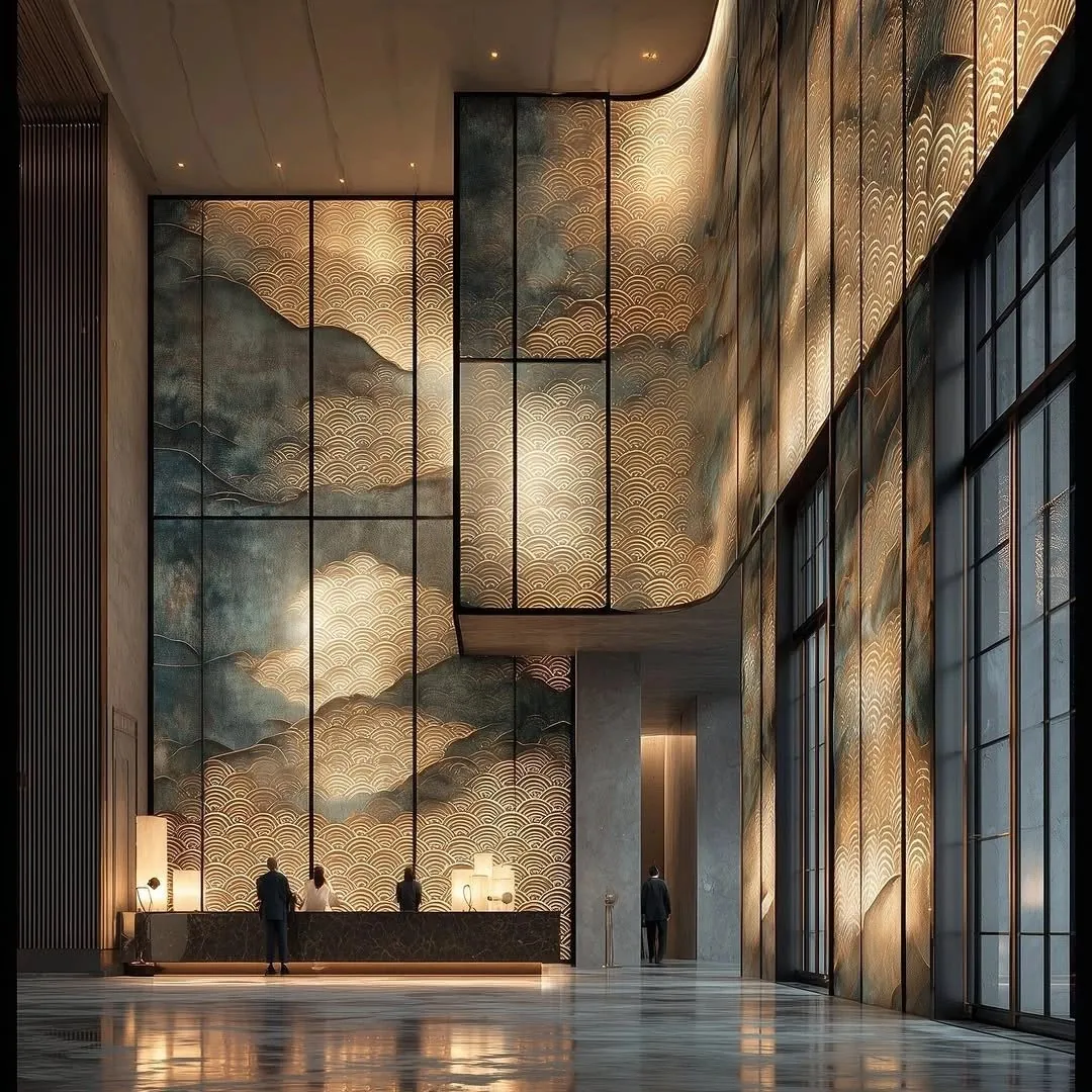 The lobby of a large contemporary property, figures small against the designed volume