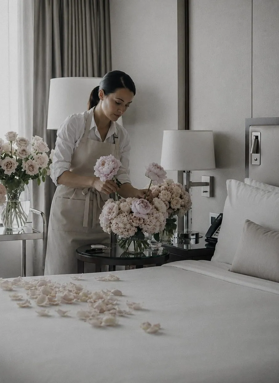 A housekeeper arranging flowers on a made bed, petals scattered across the linen