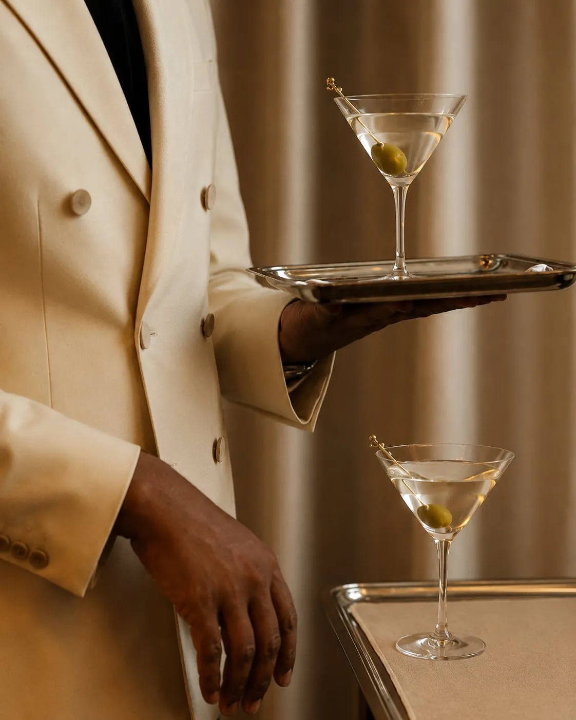 Service character — the felt register in a refined bar moment