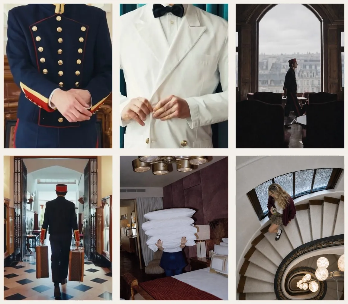 Six frames of hotel service in progress: a doorman's braided cuff, a waiter buttoning a white jacket, a bellman at an arched window, a porter carrying cases down a tiled corridor, a housekeeper behind a stack of pillows, a guest descending a spiral stair