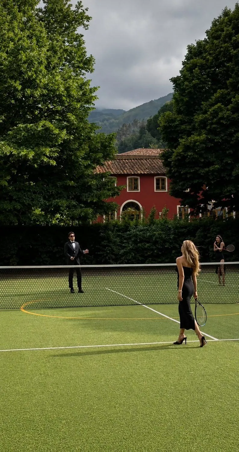 Guests in evening dress playing tennis on the court of a villa hotel, late in the day