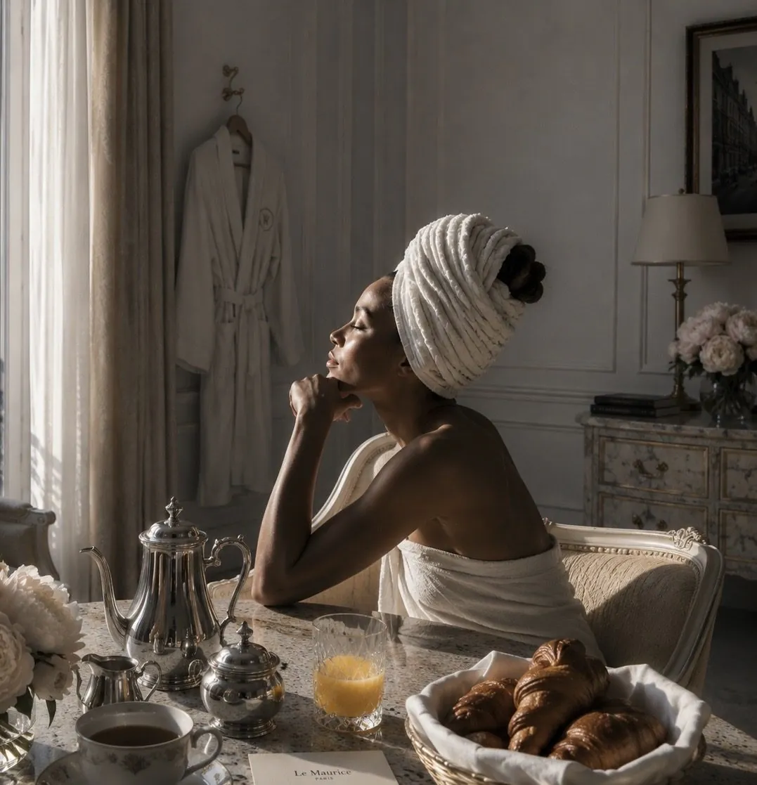 A guest alone at breakfast in a towel, hair wrapped, looking out at the morning